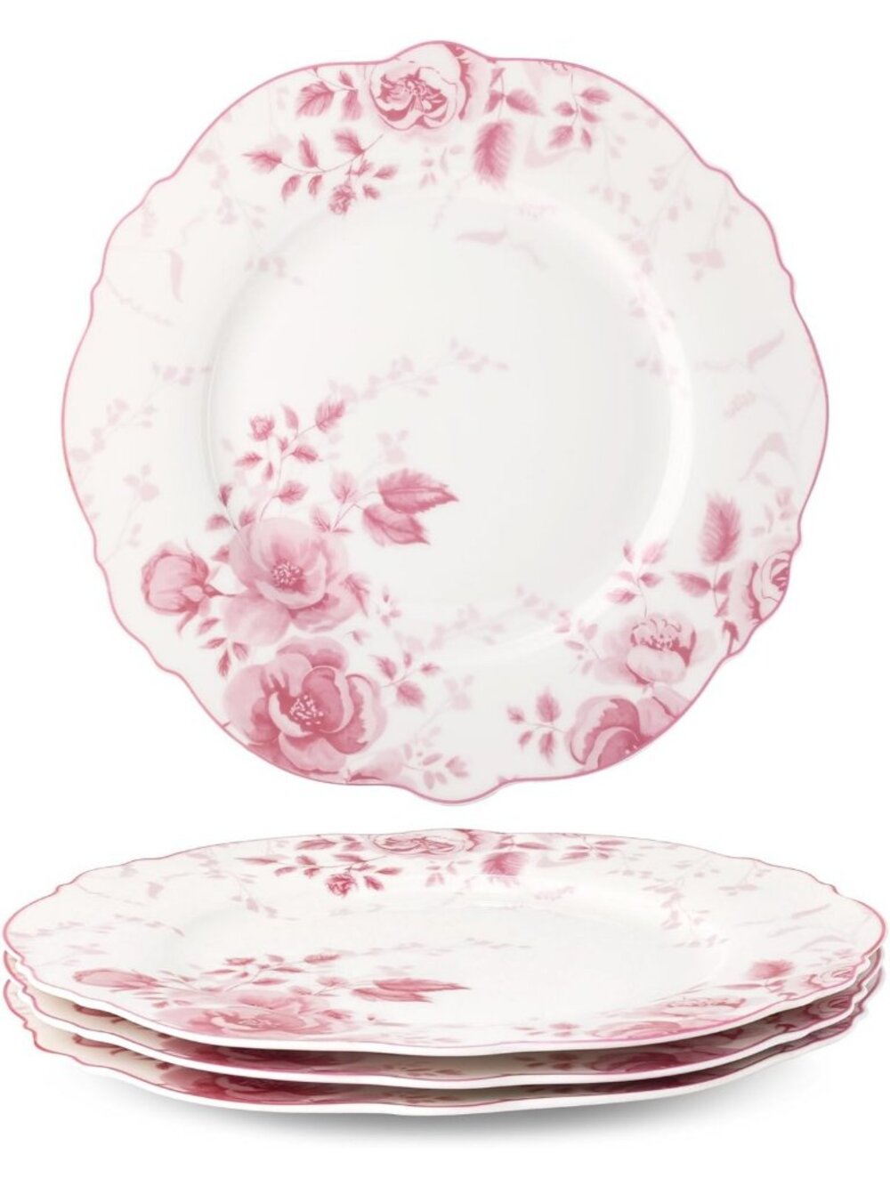Set of 4 Large Round Pink Floral Porcelain Dinner Plates - Elegant Tableware